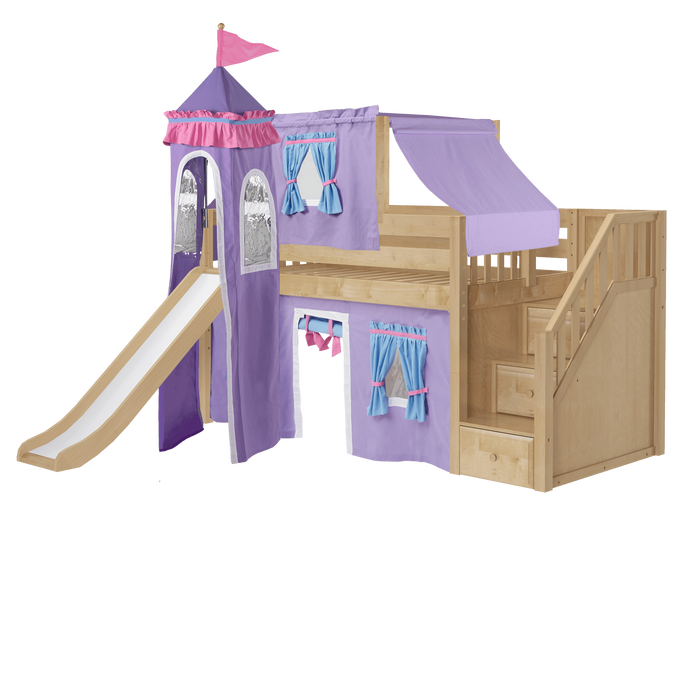 Maxtrix Twin Low Loft Bed with Stairs, Curtain, Top Tent, Tower + Slide