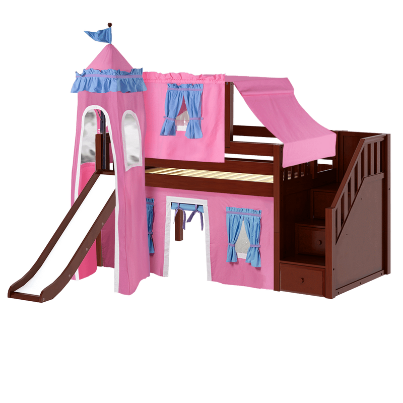 Maxtrix Twin Low Loft Bed with Stairs, Curtain, Top Tent, Tower + Slide