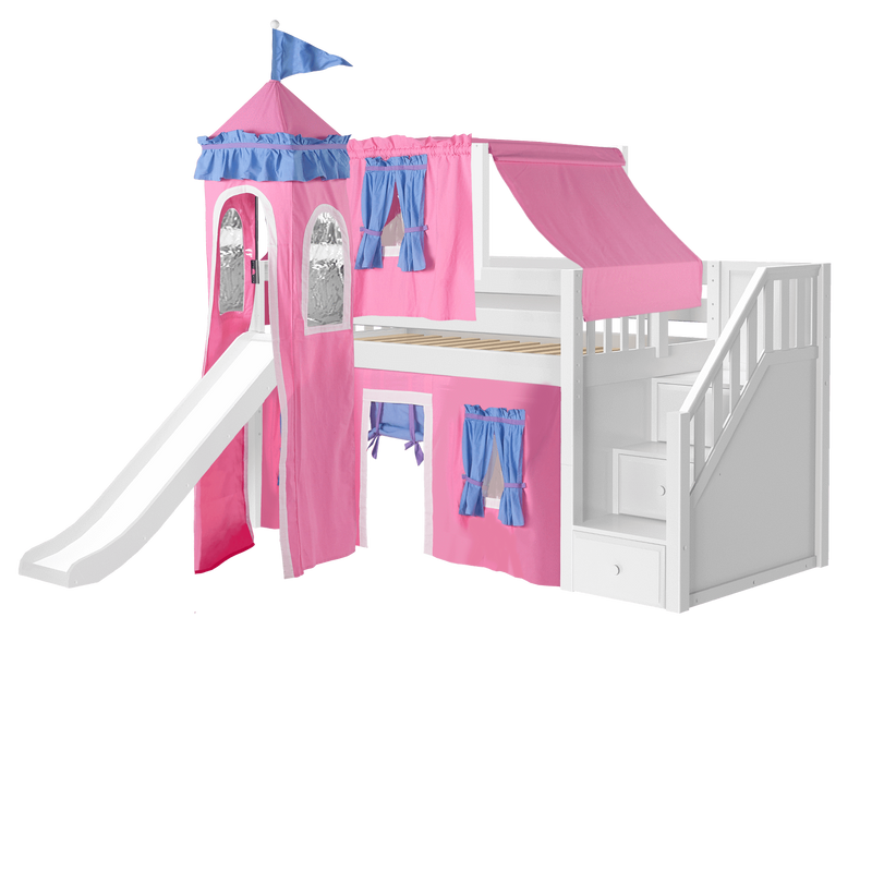 Maxtrix Twin Low Loft Bed with Stairs, Curtain, Top Tent, Tower + Slide