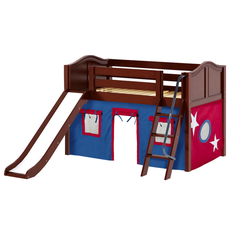 Maxtrix Twin Low Loft Bed with Angled Ladder, Curtain + Slide
