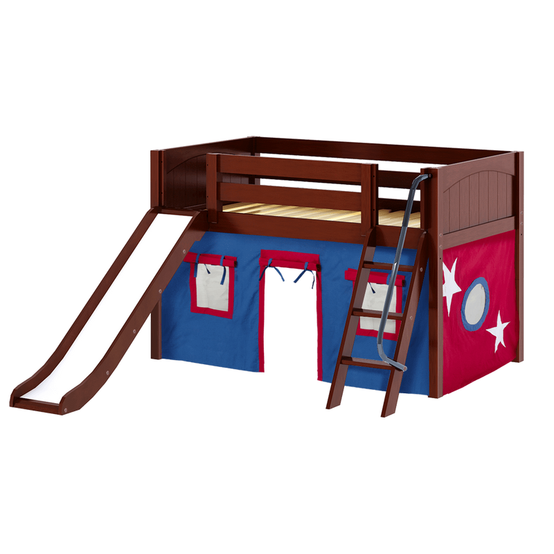 Maxtrix Twin Low Loft Bed with Angled Ladder, Curtain + Slide