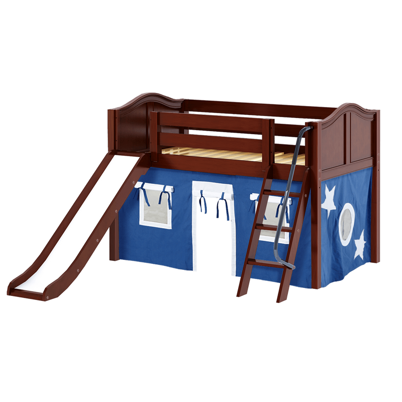 Maxtrix Twin Low Loft Bed with Angled Ladder, Curtain + Slide