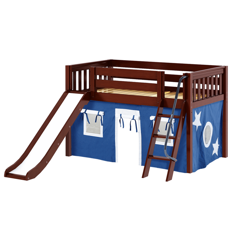 Maxtrix Twin Low Loft Bed with Angled Ladder, Curtain + Slide