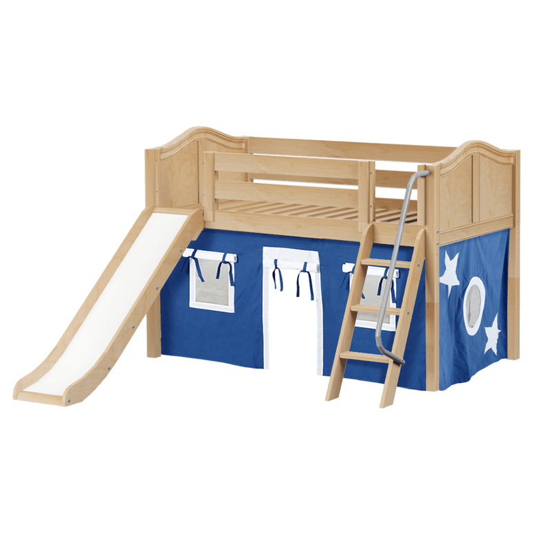 Maxtrix Twin Low Loft Bed with Angled Ladder, Curtain + Slide