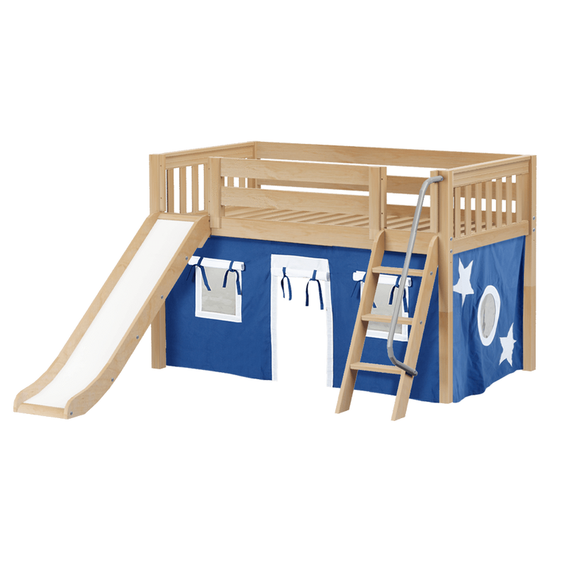 Maxtrix Twin Low Loft Bed with Angled Ladder, Curtain + Slide
