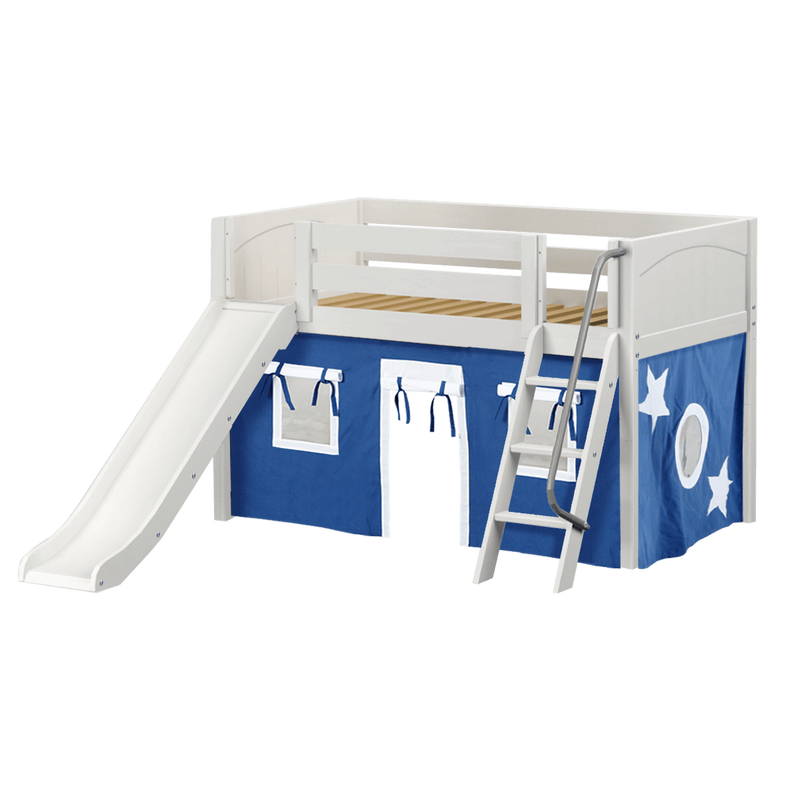 Maxtrix Twin Low Loft Bed with Angled Ladder, Curtain + Slide