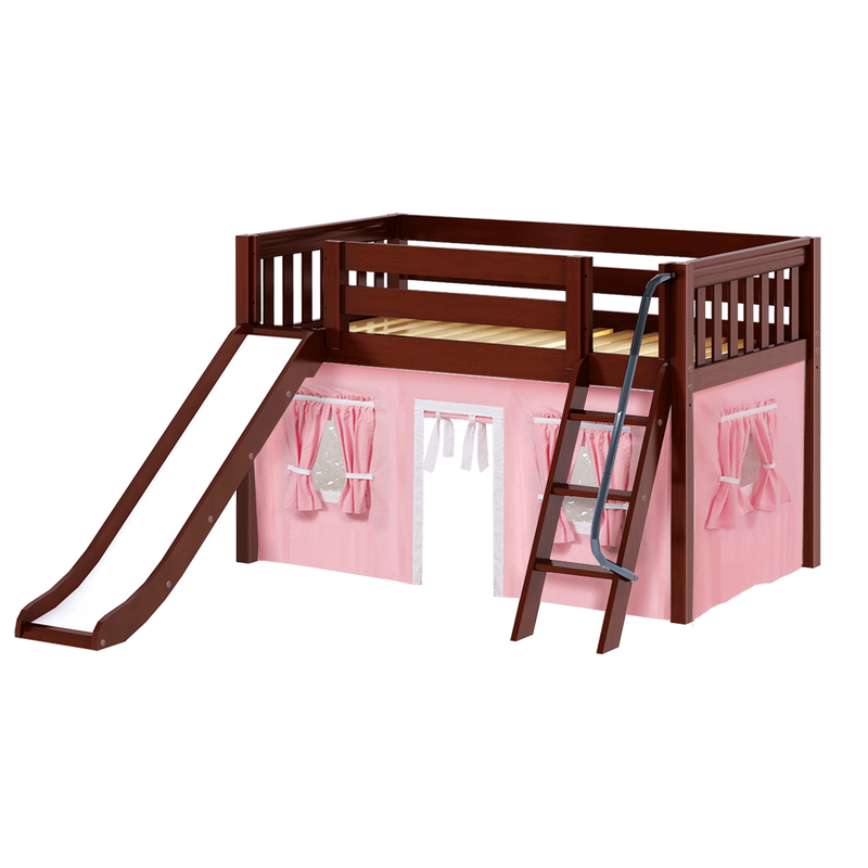 Maxtrix Twin Low Loft Bed with Angled Ladder, Curtain + Slide