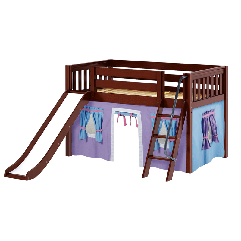 Maxtrix Twin Low Loft Bed with Angled Ladder, Curtain + Slide
