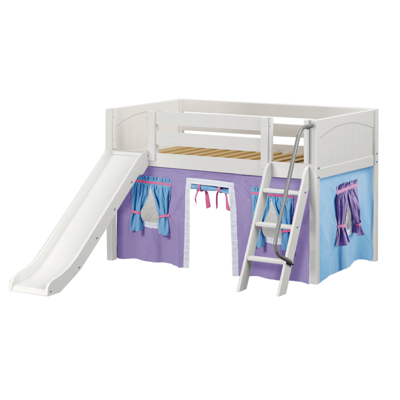 Maxtrix Twin Low Loft Bed with Angled Ladder, Curtain + Slide