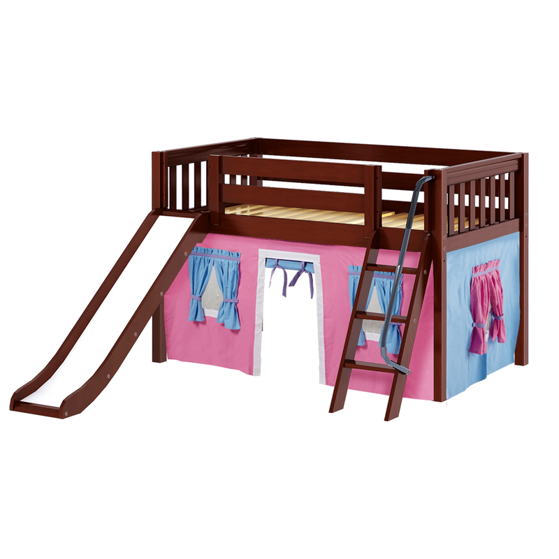 Maxtrix Twin Low Loft Bed with Angled Ladder, Curtain + Slide