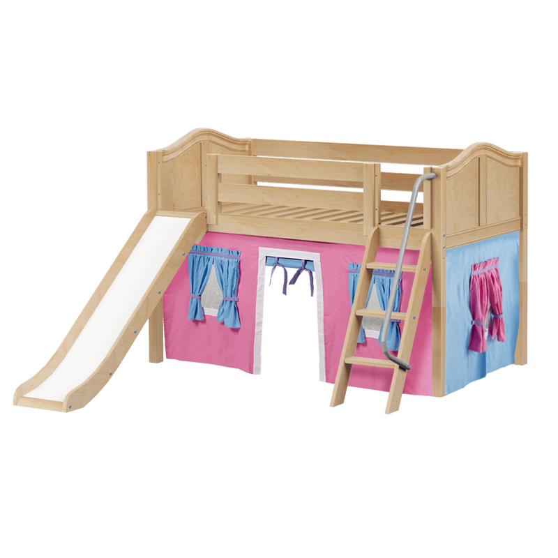Maxtrix Twin Low Loft Bed with Angled Ladder, Curtain + Slide