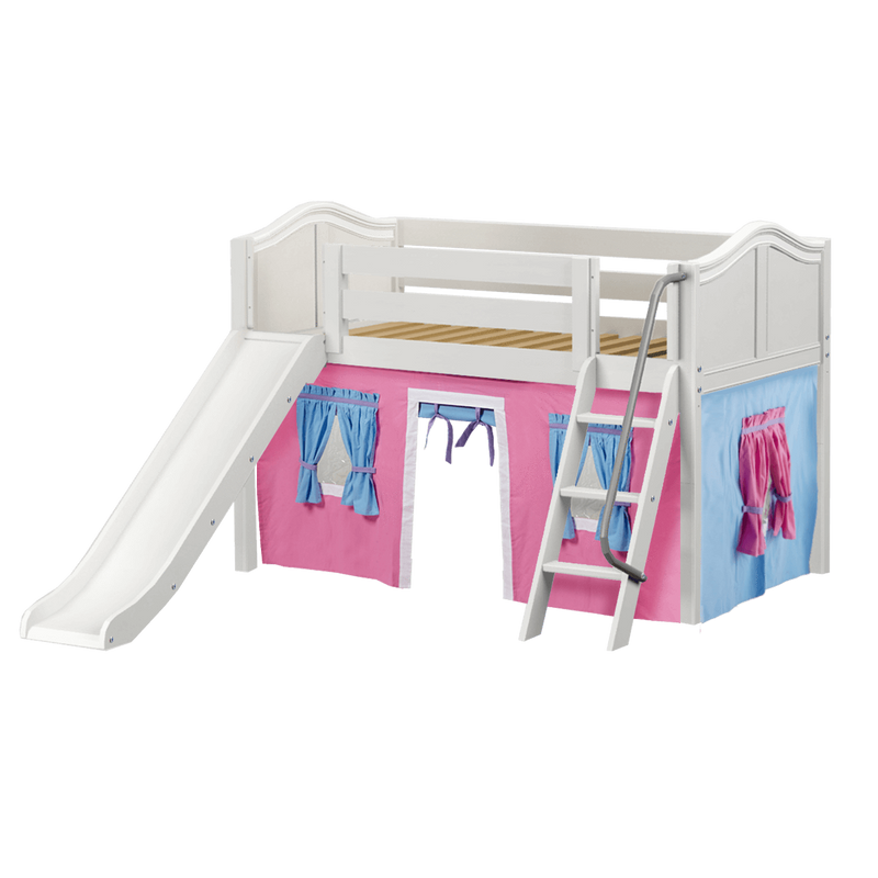 Maxtrix Twin Low Loft Bed with Angled Ladder, Curtain + Slide