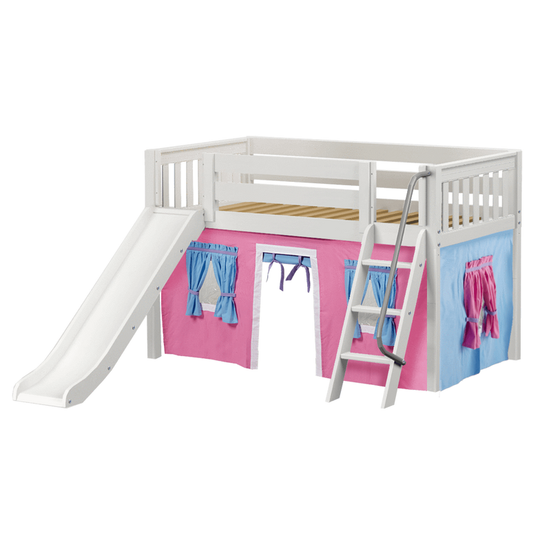 Maxtrix Twin Low Loft Bed with Angled Ladder, Curtain + Slide