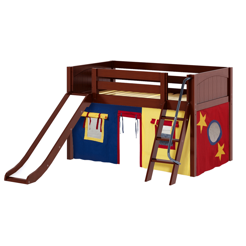 Maxtrix Twin Low Loft Bed with Angled Ladder, Curtain + Slide
