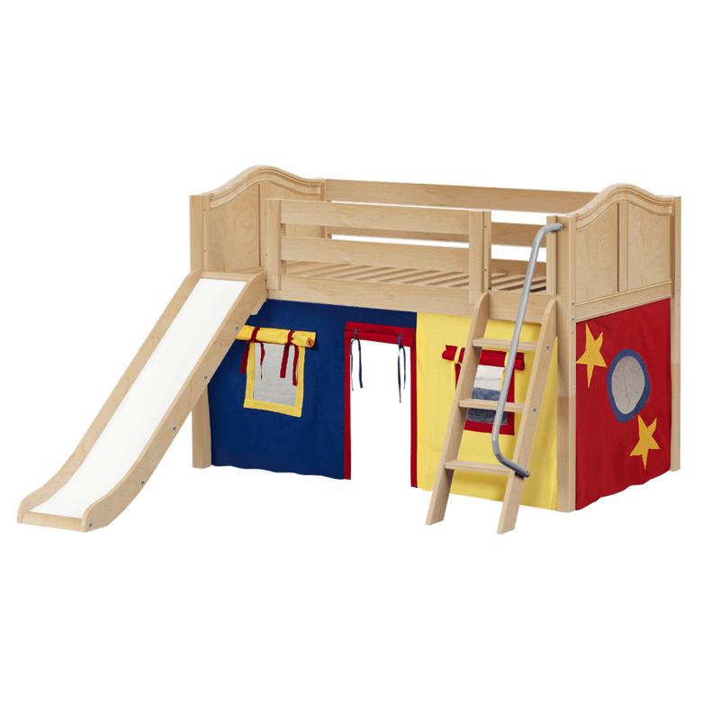 Maxtrix Twin Low Loft Bed with Angled Ladder, Curtain + Slide