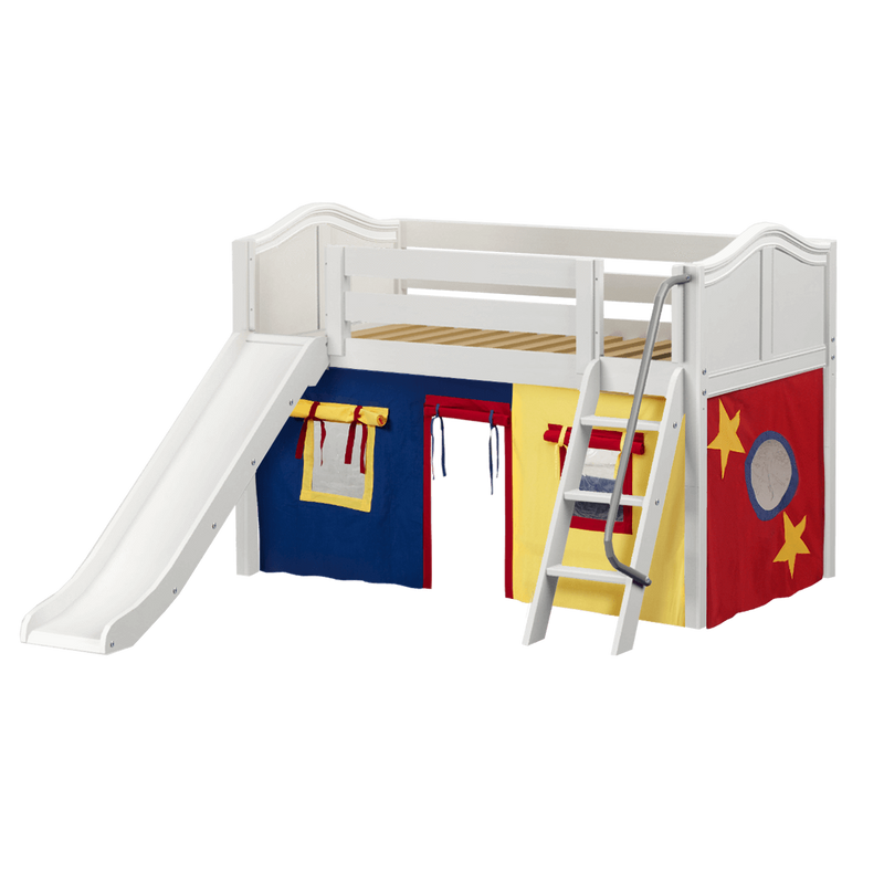 Maxtrix Twin Low Loft Bed with Angled Ladder, Curtain + Slide