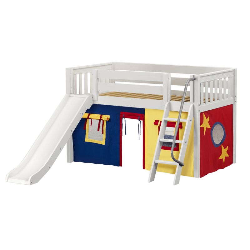 Maxtrix Twin Low Loft Bed with Angled Ladder, Curtain + Slide