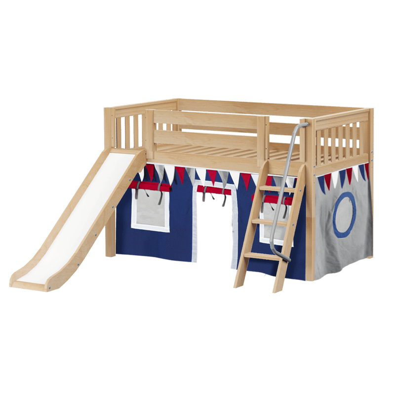 Maxtrix Twin Low Loft Bed with Angled Ladder, Curtain + Slide