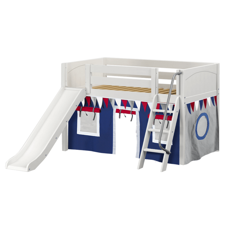 Maxtrix Twin Low Loft Bed with Angled Ladder, Curtain + Slide