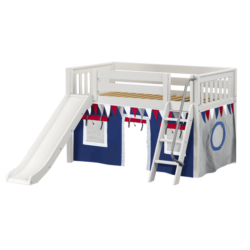 Maxtrix Twin Low Loft Bed with Angled Ladder, Curtain + Slide