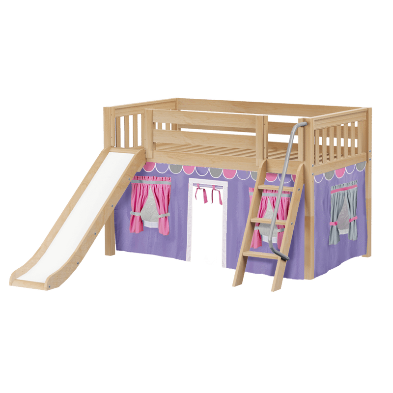 Maxtrix Twin Low Loft Bed with Angled Ladder, Curtain + Slide