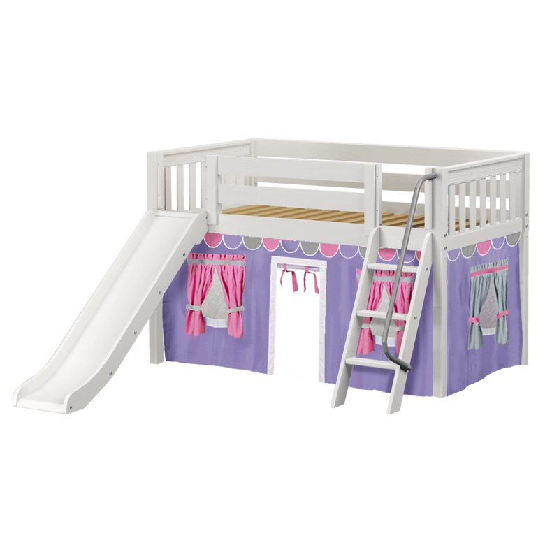 Maxtrix Twin Low Loft Bed with Angled Ladder, Curtain + Slide