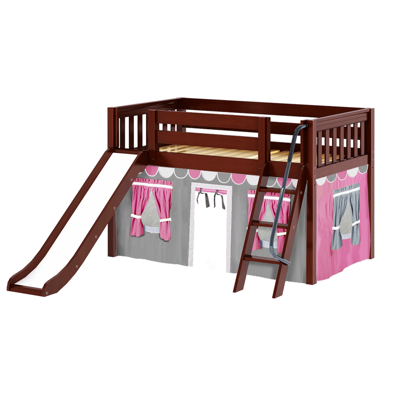 Maxtrix Twin Low Loft Bed with Angled Ladder, Curtain + Slide