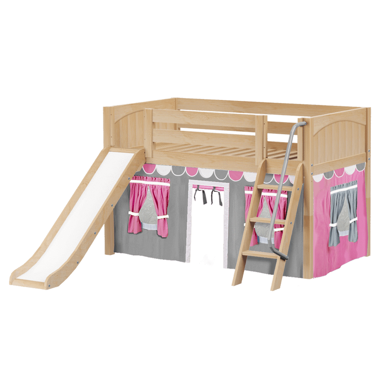 Maxtrix Twin Low Loft Bed with Angled Ladder, Curtain + Slide