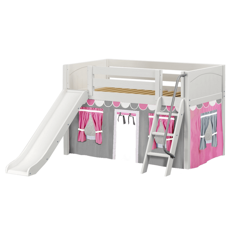 Maxtrix Twin Low Loft Bed with Angled Ladder, Curtain + Slide