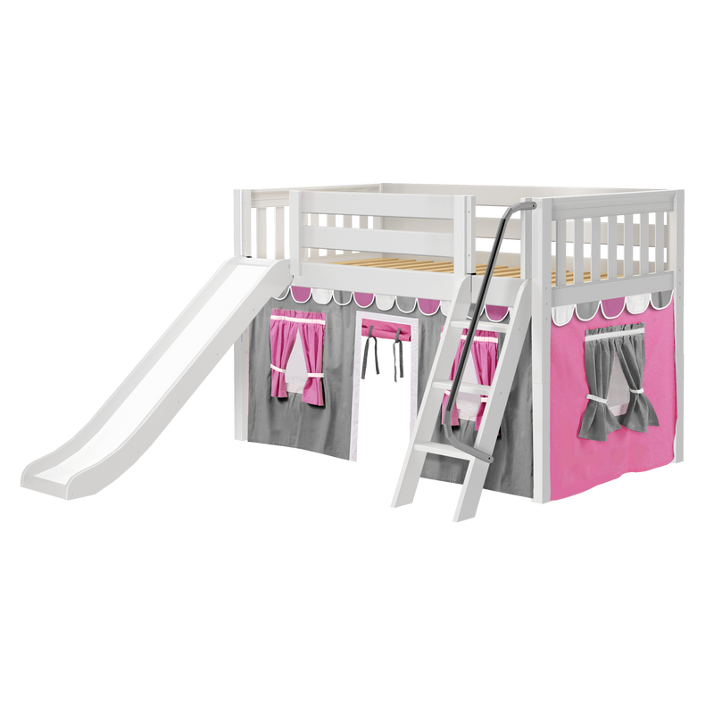 Maxtrix Twin Low Loft Bed with Angled Ladder, Curtain + Slide