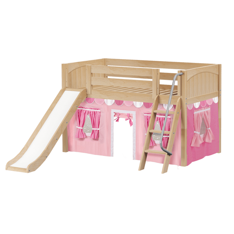 Maxtrix Twin Low Loft Bed with Angled Ladder, Curtain + Slide