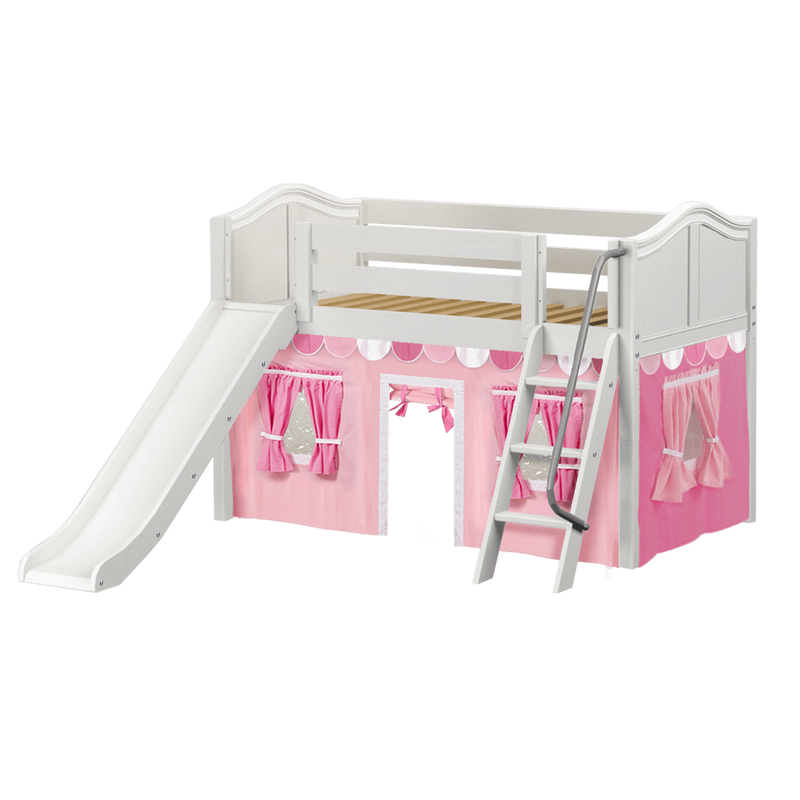 Maxtrix Twin Low Loft Bed with Angled Ladder, Curtain + Slide