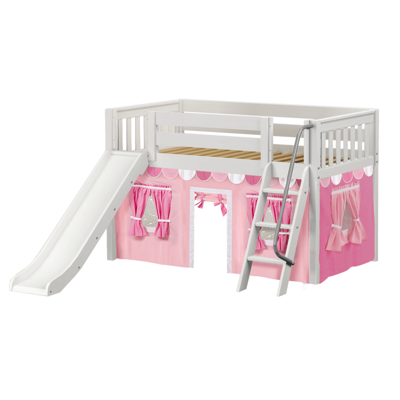 Maxtrix Twin Low Loft Bed with Angled Ladder, Curtain + Slide