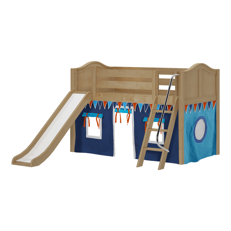 Maxtrix Twin Low Loft Bed with Angled Ladder, Curtain + Slide