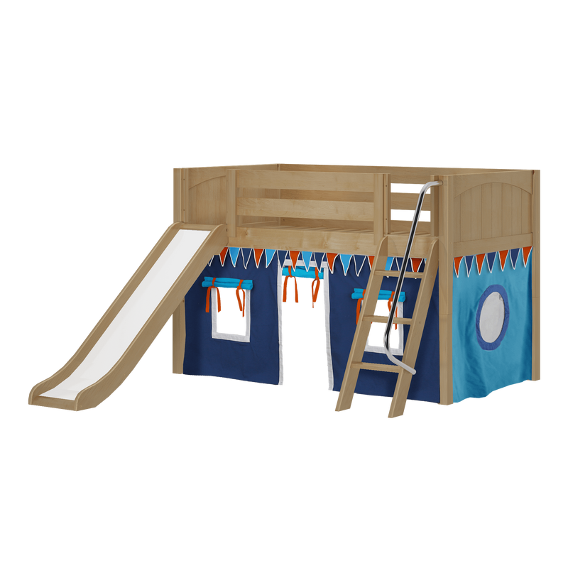Maxtrix Twin Low Loft Bed with Angled Ladder, Curtain + Slide