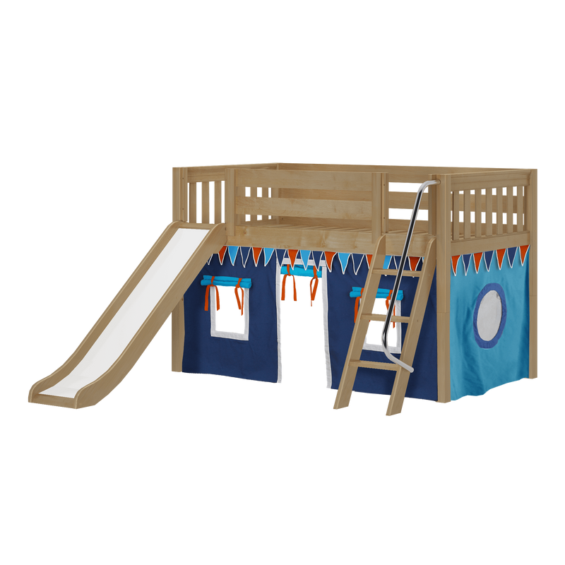 Maxtrix Twin Low Loft Bed with Angled Ladder, Curtain + Slide