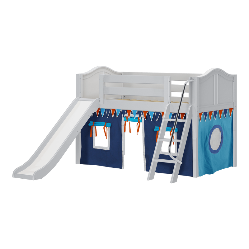 Maxtrix Twin Low Loft Bed with Angled Ladder, Curtain + Slide