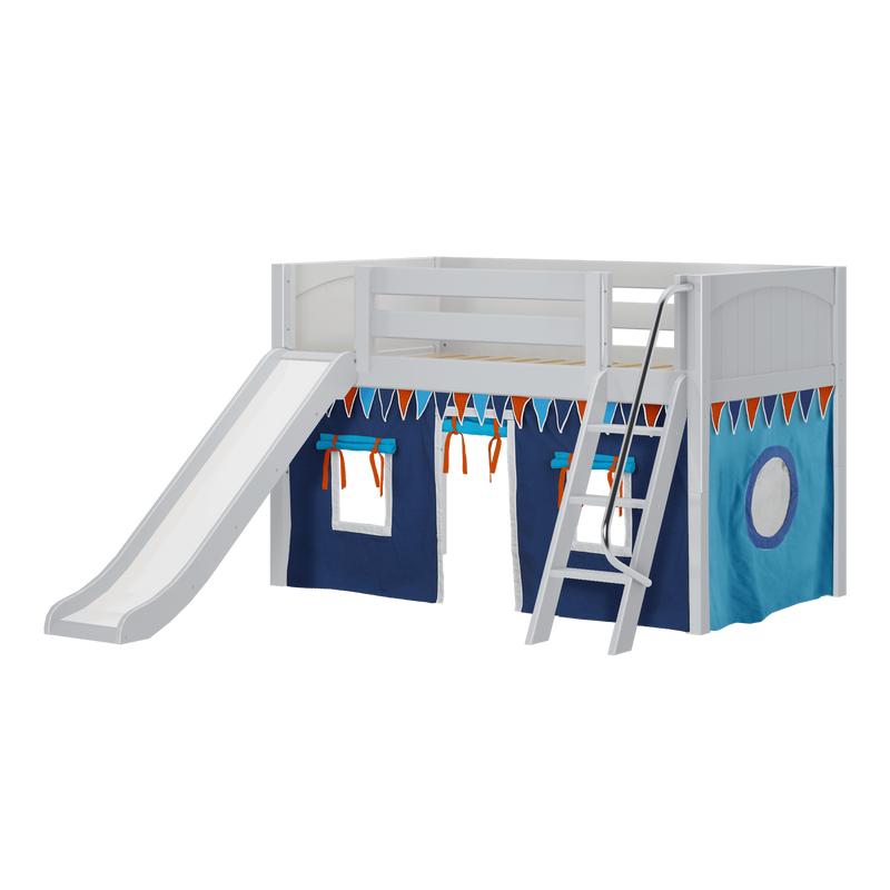 Maxtrix Twin Low Loft Bed with Angled Ladder, Curtain + Slide