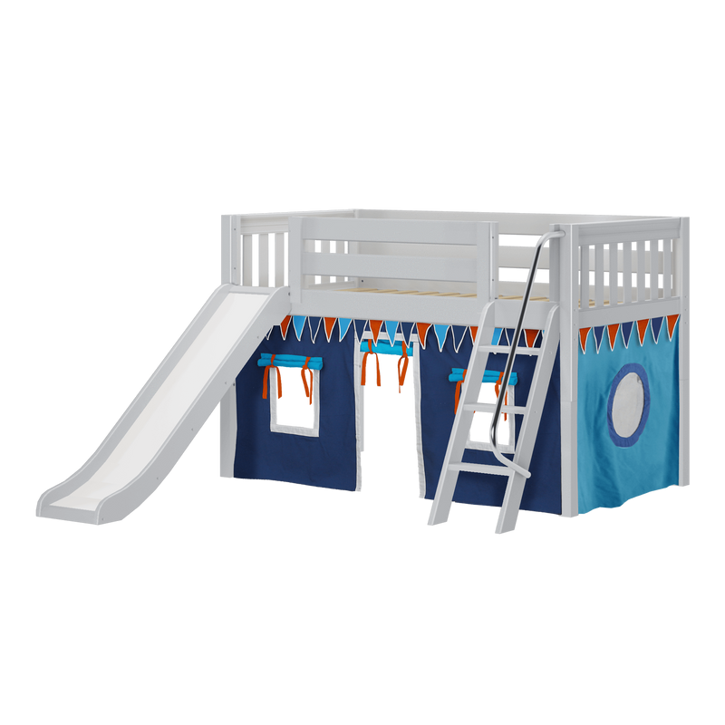 Maxtrix Twin Low Loft Bed with Angled Ladder, Curtain + Slide
