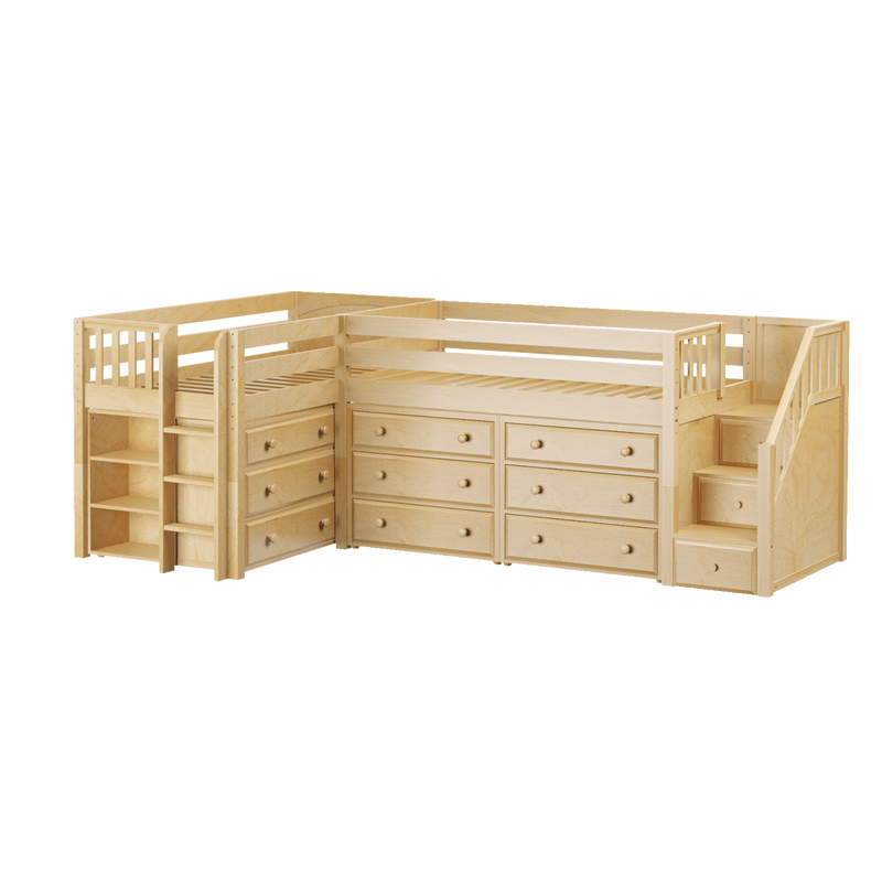 Maxtrix Twin Low Corner Loft Bed with Ladder, Stairs + Storage