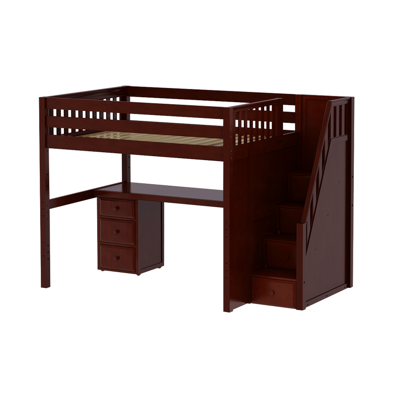 Maxtrix Full High Loft Bed with Stairs + Desk