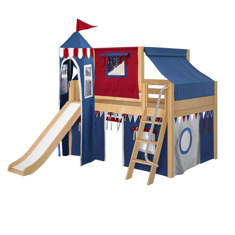 Maxtrix Full Low Loft Bed with Angled Ladder, Curtain, Top Tent, Tower + Slide
