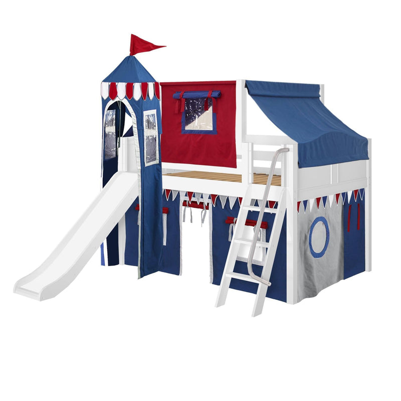 Maxtrix Full Low Loft Bed with Angled Ladder, Curtain, Top Tent, Tower + Slide