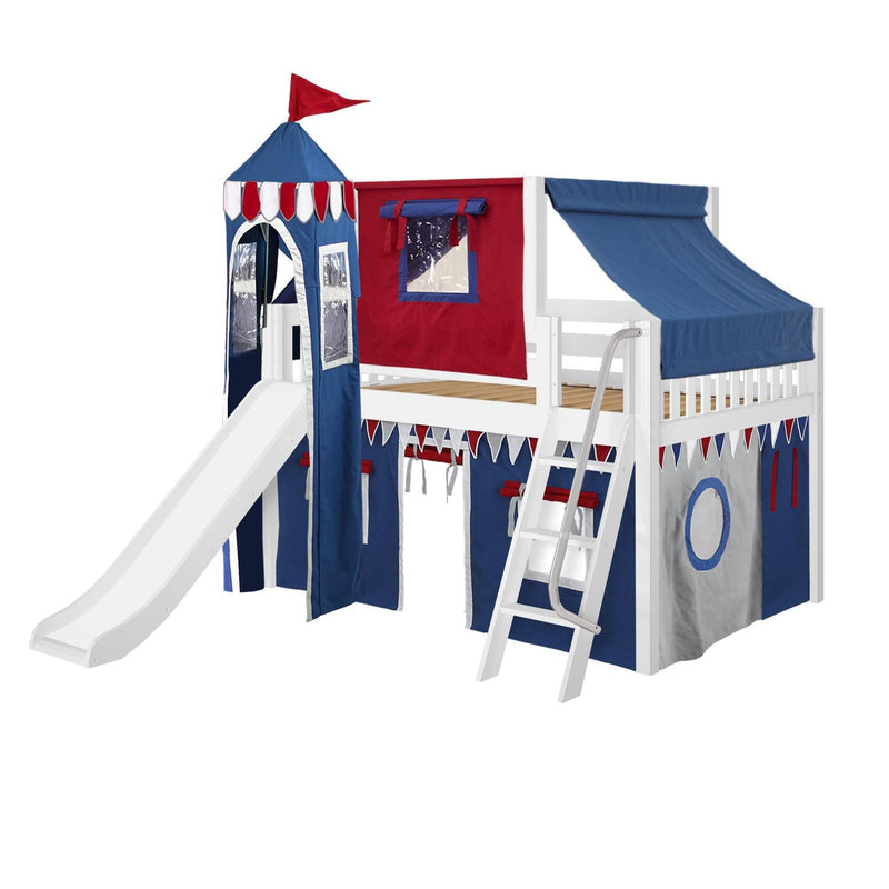 Maxtrix Full Low Loft Bed with Angled Ladder, Curtain, Top Tent, Tower + Slide