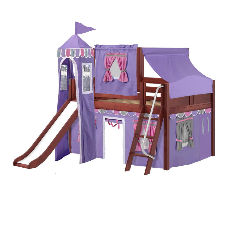 Maxtrix Full Low Loft Bed with Angled Ladder, Curtain, Top Tent, Tower + Slide