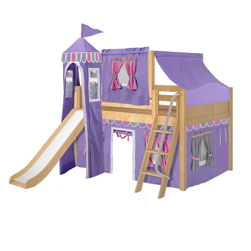 Maxtrix Full Low Loft Bed with Angled Ladder, Curtain, Top Tent, Tower + Slide