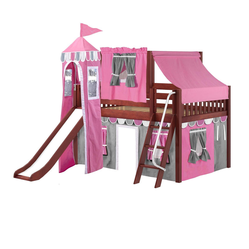 Maxtrix Full Low Loft Bed with Angled Ladder, Curtain, Top Tent, Tower + Slide