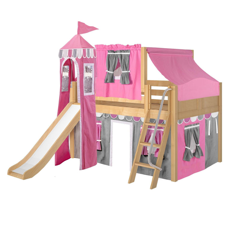 Maxtrix Full Low Loft Bed with Angled Ladder, Curtain, Top Tent, Tower + Slide