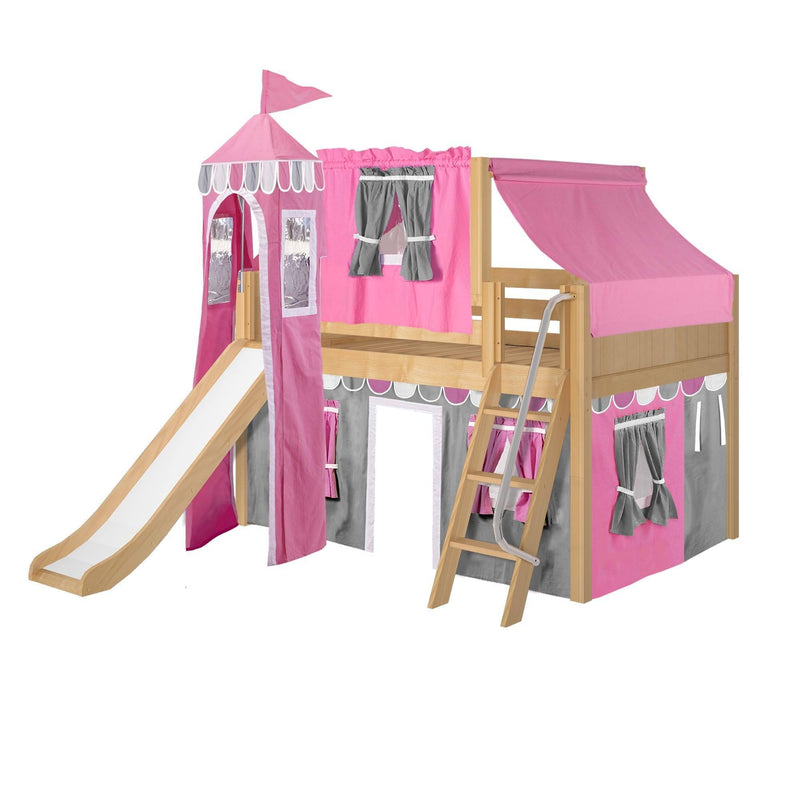 Maxtrix Full Low Loft Bed with Angled Ladder, Curtain, Top Tent, Tower + Slide