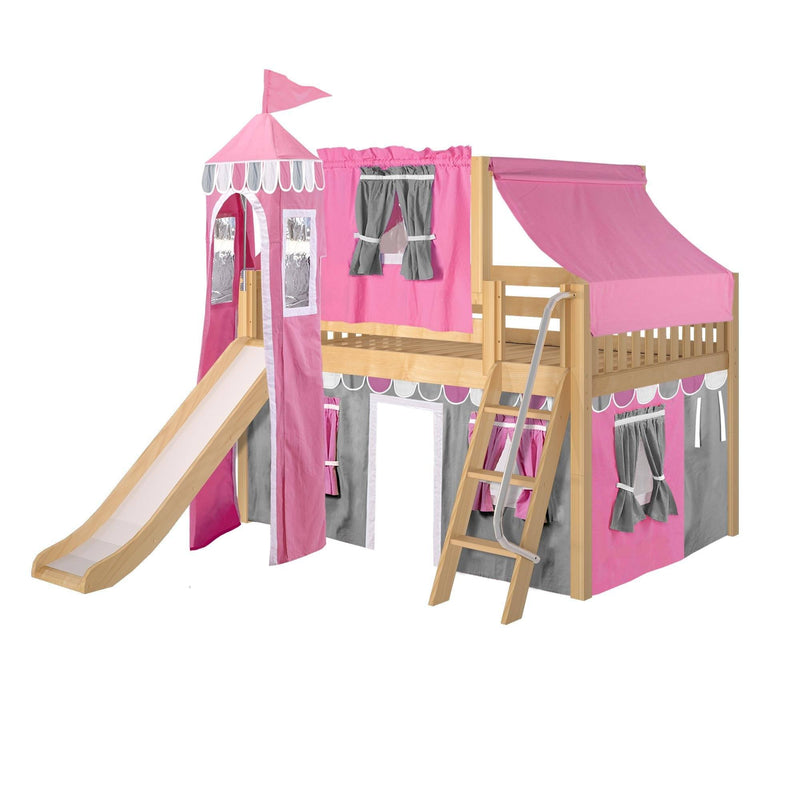 Maxtrix Full Low Loft Bed with Angled Ladder, Curtain, Top Tent, Tower + Slide